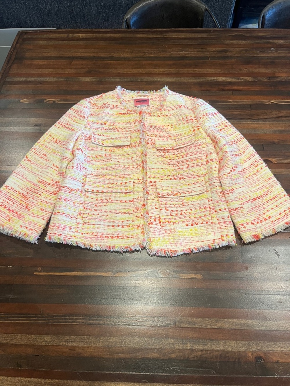Kate Spade Pink and Yellow Tweed Fringe Jacket size 2